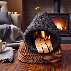 Könnte beinhalten: Ein schwarzer, kegelförmiger Tischkamin aus porösem Material, der auf einem Holzsockel steht. Im Inneren sind Flammen zu sehen, mit drei Holzstücken, die brennen. Der Hintergrund zeigt einen Kamin und ein gemütliches Wohnzimmer.