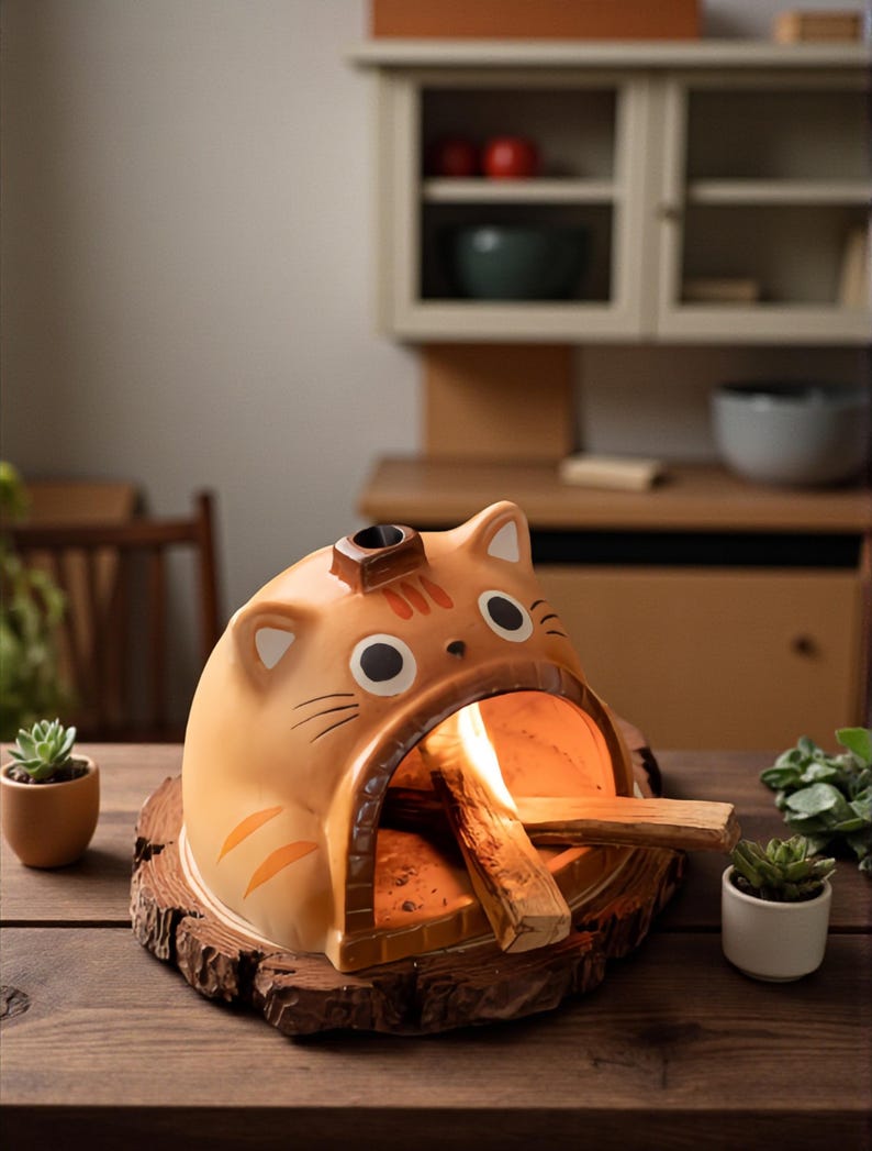 May include: A ceramic cat-shaped incense burner in shades of orange and brown, with a small chimney and a burning incense stick inside. The burner sits on a wooden base, with small potted plants on either side. The background includes a wooden table and cabinets.