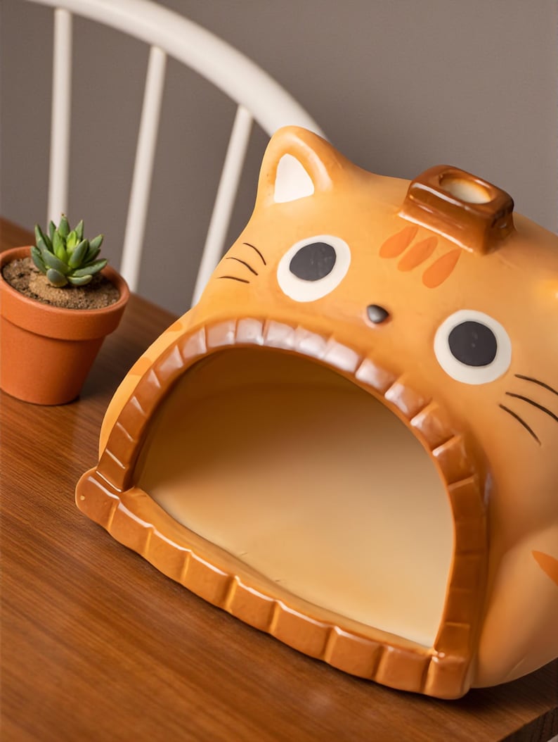 May include: A ceramic cat-shaped planter in shades of orange and brown. The planter has a large opening for plants, with black eyes and whiskers. A small succulent plant in a terracotta pot sits nearby. The cat planter is a decorative item.