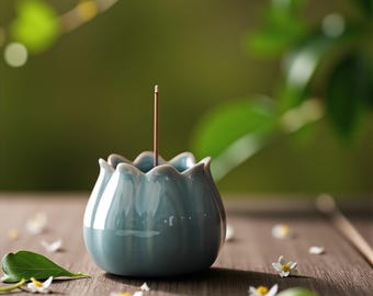 Handmade Ceramic Lotus Incense Holder | Teal Zen Decor