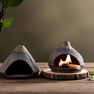 Op de afbeelding: Twee keramische kandelaars. Eén is driehoekig, de andere is rond met een kleine opening en een brandende vlam erin. De ronde kandelaar staat op een houten schijf. De kandelaars zijn donkergrijs.