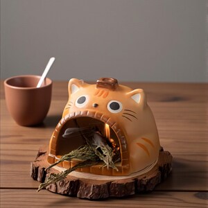 May include: A ceramic cat-shaped incense burner in shades of orange and brown, with a small chimney on top. The cat's mouth is open, revealing burning incense. It sits on a wooden base, with a brown cup and spoon in the background.