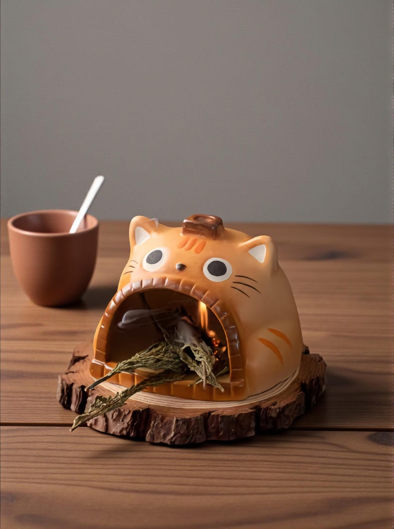 May include: A ceramic cat-shaped incense burner in shades of orange and brown, with a small chimney on top. The cat's mouth is open, revealing burning incense. It sits on a wooden base, with a brown cup and spoon in the background.