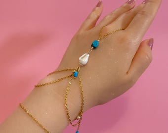 Turquoise Sea Shell Hand Chain, 18k Gold Plated Stainless Steel, Tarnish Resistant Summer Gift | Mermaid Aesthetic Bracelet