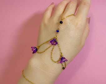 Purple Flower Hand Ornament, 18k Gold Plated Stainless Steel, Tarnish Resistant Hand Chain