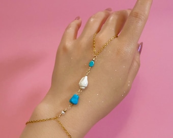 Turquoise Seashell Hand Chain, 18k Gold Plated Stainless Steel, Tarnish Resistant Dainty Gift | Fairycore Jewelry