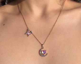 Moonstone Crescent Pendant Necklace with Purple Pink Butterfly, Tarnish Resistant Handmade Jewelry