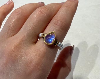 Raindrop Moonstone Pearl Ring, Dainty Handmade Jewelry