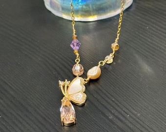 Pink Butterfly Crystal Handmade Gold Plated Steel Necklace