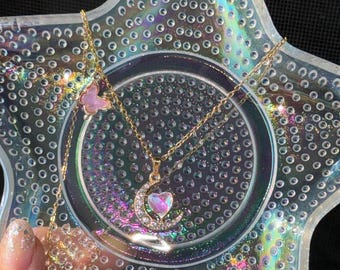 Moonstone Crescent Pendant Necklace with Pink Butterfly, Tarnish Resistant Handmade Jewelry