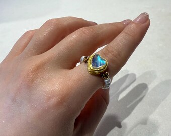 Pearl Ring with Heart Moonstone, Dainty Handmade Jewelry