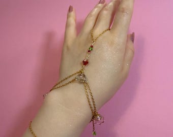 Cherry Flower Fairy Hand Chain, 18k Gold Plated Stainless Steel, Tarnish Resistant Whimsical Hand Jewelry