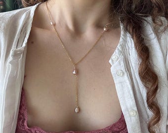 Purple Freshwater Pearl Y Necklace: Dainty Handmade Jewelry