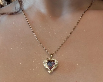 Fairy Purple Blue Heart Pendant Necklace: 18k Gold Plated Stainless Steel