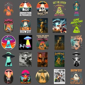 May include: A collection of colorful graphic designs featuring cows, UFOs, and humorous text. Designs include phrases like "Abduction in Progress," "Get in Loser," and "Howdy," with various illustrations of cows being abducted.