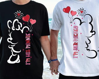 Camiseta "Eu sou o Mickey dela, eu sou a Minnie dele", Camiseta divertida para casais combinando da Disney World, Camiseta do Mickey e da Minnie para o Dia dos Namorados