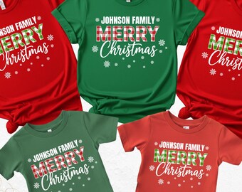 パーソナライズされたファミリークリスマスシャツ、バッファローチェック柄のマッチングTシャツ