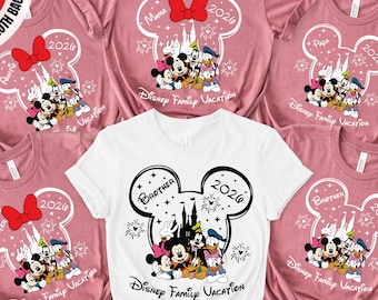 Disney Family 2026 populaire vakantieshirts, bijpassende Disney Trip-T-shirts, aangepaste naam Mickey Minnie Castle-vuurwerk.