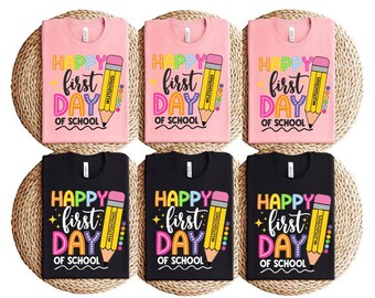 Personalized First Day of School Shirt Happy First Day Tee Custom Name Bright Retro Lettering Ideal for Picture Day and Social Shares