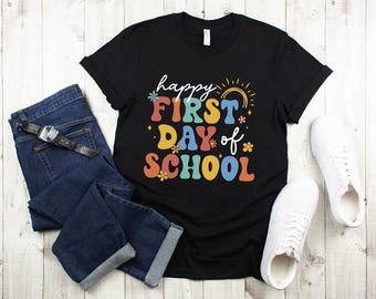 Personalized First Grade Shirt Happy First Day Tee Girly Coquette Design Custom Name School Keepsake for Picture Day