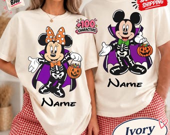 Comfort Colors Halloween Shirt, 100+ Character Options, Personalized Mickey Minnie Skeleton Couple Tee, Disney tshirt