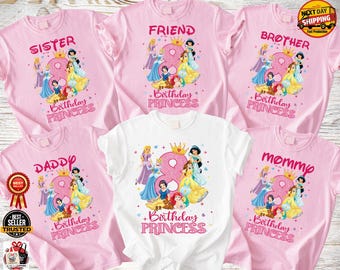 Custom Disney Princess Birthday Girl Shirt, Personalized Milestone Age 1-9 Birthday Girl Tee, Matching Princess  Birthday Outfit