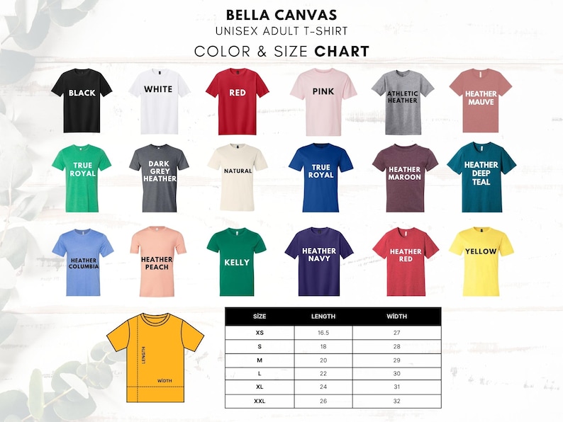 Op de afbeelding: Een kleuren- en maattabel voor Bella Canvas unisex volwassen t-shirts. De tabel toont verschillende t-shirtkleuren, waaronder zwart, wit, rood, roze en heather mauve. Een maattabel toont de afmetingen in cm voor de maten XS tot XXL.