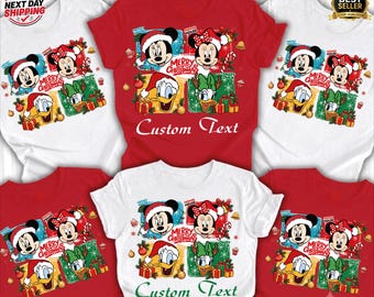 Disney Christmas Custom Text Shirt, Mickey Minnie Donald Daisy Matching Family Holiday Shirt Personalized tshirt