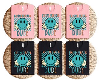 Personalized First Grade Dude Shirt Back to School Tee Retro Smiley Face Custom Name Boy School Keepsake