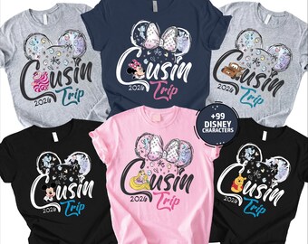 Camiseta personalizada para viagem entre primos, com orelhas personalizadas, personagem e ano, camiseta combinando para férias entre primos da Disney.