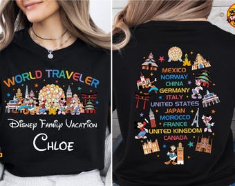 Disney Epcot World Traveler Shirt 2026, Front & Back Print World Showcase Tee, Custom Name Disney Vacation Shirt