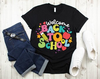 Custom Name Back to School Shirt Personalized Welcome Back Tee Retro Groovy School Design Kids Grade Tee