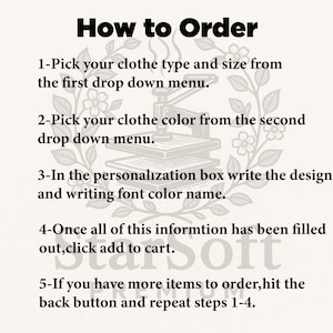 Op de afbeelding: Afbeelding met tekst "How to Order" en genummerde instructies voor het bestellen van kleding. Stappen omvatten het selecteren van kledingtype, kleur en ontwerpdetails. De laatste stap is het toevoegen van het artikel aan de winkelwagen. Het StarSoft-logo staat onderaan.