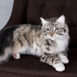 May include: A plush, grey and white cat with green eyes, lying on a brown armchair. The cat has a long, fluffy tail and is looking directly at the camera.