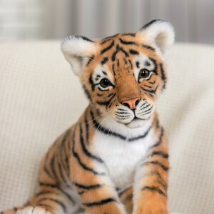 May include: A plush tiger cub toy with orange and black stripes, white fur on its chest and belly, and black paw pads. The toy is sitting on a white fluffy surface.