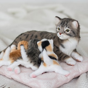 New life. Mother cat and three kittens. OOAK artist Handmade collectible animal by photo art doll poseable toy (MADE to ORDER)