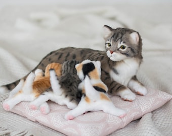 New life. Mother cat and three kittens. OOAK artist Handmade collectible animal by photo art doll poseable toy (MADE to ORDER)