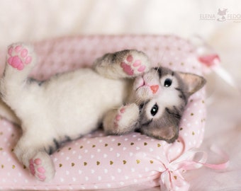 Newborn kitten. OOAK artist Handmade collectible animal by photo poseable toy (MADE to ORDER)