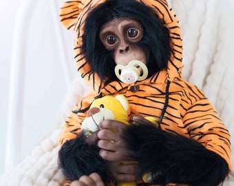Baby Chimp Tigra - life size realistic movable toy. OOAK artist Handmade collectible animal by photo art doll poseable toy MADE to ORDER