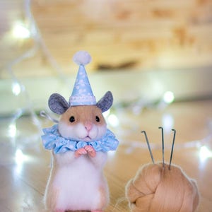 May include: A small, white and brown hamster wearing a blue and white party hat and a blue and white ruffled collar. The hamster is standing on a wooden surface with a ball of brown wool and needles in the background.