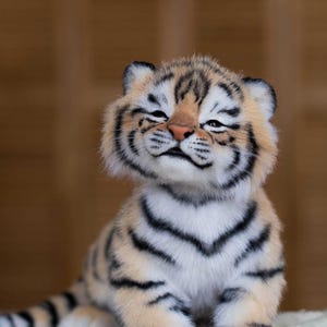 May include: A plush tiger cub with a smiling expression. The cub has a beige and white body with black stripes. The text "ELENA FEDORYAK more than toys" is visible in the upper left corner.