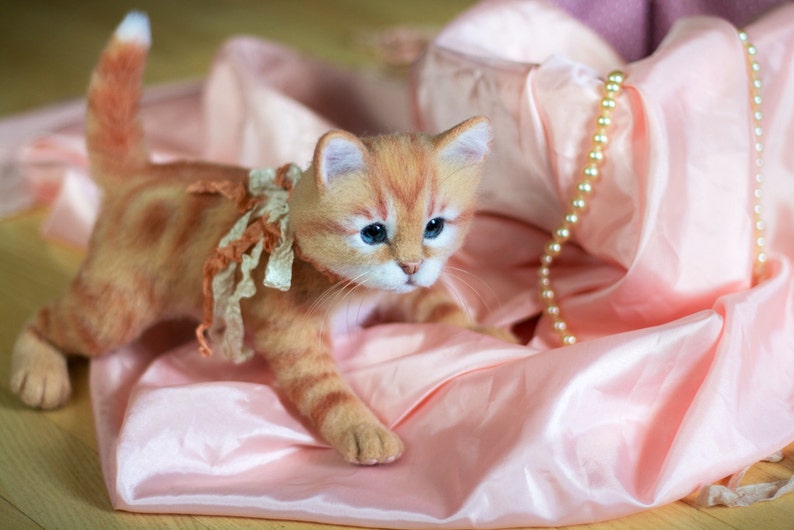 Puede incluir: Un gatito tabby jengibre con un lazo de encaje se sienta sobre una tela de sat&eacute;n rosa con un collar de perlas.
