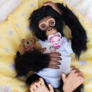 Baby Chimp Cookie - life size realistic movable toy. OOAK artist Handmade collectible animal by photo art doll poseable toy MADE to ORDER