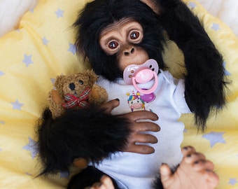 Baby Chimp Cookie - life size realistic movable toy. OOAK artist Handmade collectible animal by photo art doll poseable toy MADE to ORDER