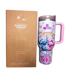 May include: A 1.18 litre Flowstate tumbler with a pink handle and lid, featuring a graphic of Stitch and Angel surrounded by butterflies, a rainbow, and clouds. The tumbler is next to its brown cardboard box labelled The Quencher H2.0 Flowstate Tumbler.