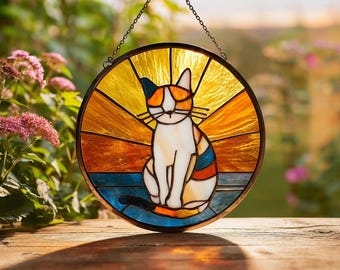 Katze Sonnenuntergang Glasmalerei Suncatcher Katze Fenster hängend Haustier Liebhaber Dekor Geschenk