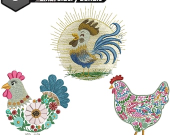 May include: An embroidery bundle featuring three floral chicken designs. The designs include a rooster with a sunburst background, and two chickens with floral patterns. The text "Floral Chicken Embroidery Bundle" is at the top.