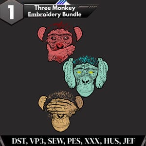 Può includere: Disegno per ricamo Three Monkey Embroidery Bundle con tre teste di scimmia. La scimmia in alto è rossa con le mani sulla bocca, quella centrale è turchese con le mani sulle orecchie e quella in basso è beige con le mani sugli occhi. Testo: Three Monkey Embroidery Bundle.