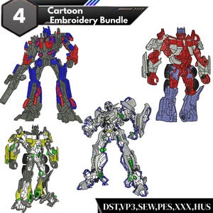 May include: Five cartoon robot embroidery designs in red, blue, grey, and yellow. The designs are in various poses and styles. The top left corner has a banner that says "4 Cartoon Embroidery Bundle". The bottom right corner has the text "DST,VP3,SEW,PES,XXX,HUS".