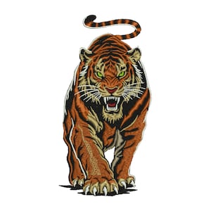 May include: Embroidered patch of a tiger with orange and black stripes, green eyes, and a snarling expression. The tiger is depicted in a walking pose, with its claws visible. The patch is on a white background.